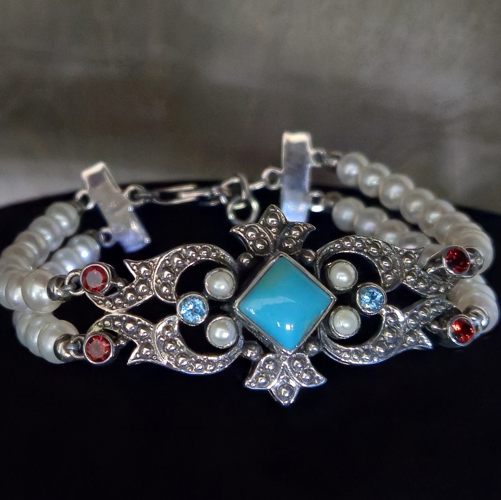 Nicky Butler 925 Sterling Silver Turquoise Pearl Garnet Topaz Designer Bracelet - Picture 10 of 16